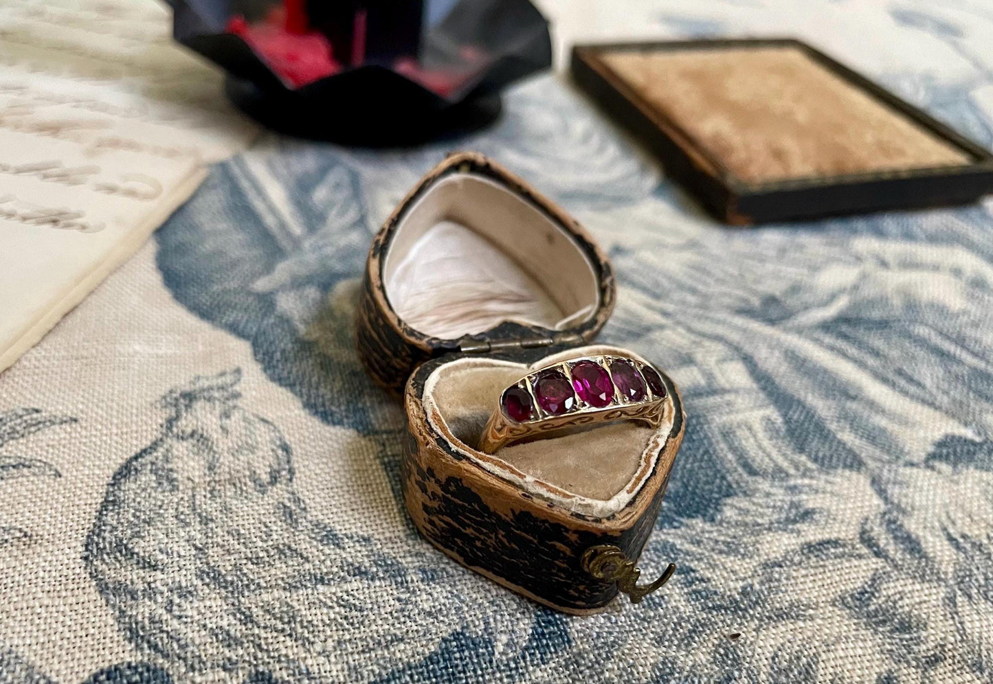 The Rose ~ Antique Edwardian Era Ruby Five Stone Half Hoop Scroll Gallery Ring, Victorian Style, 9 carat gold