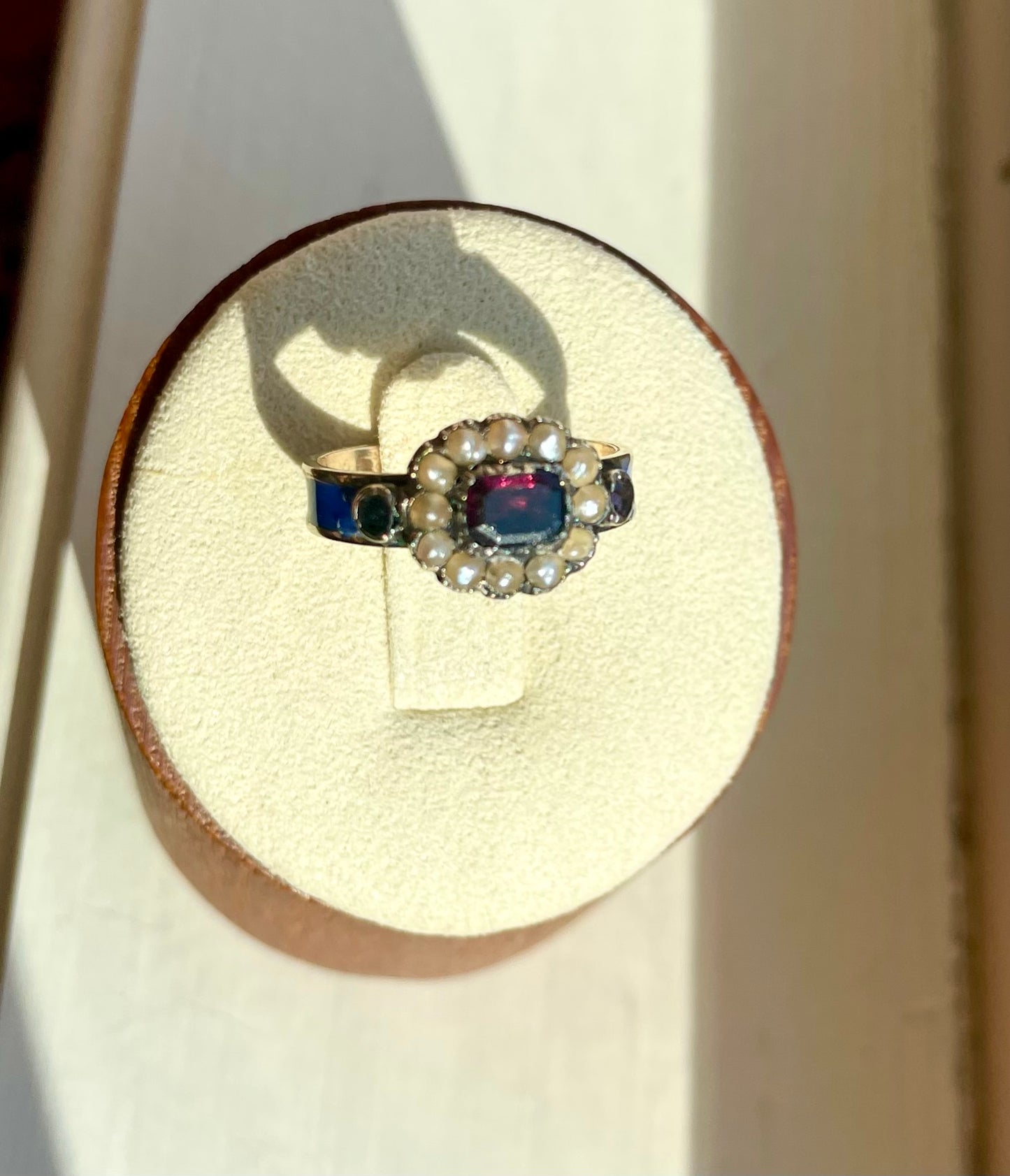 Georgian Blue Enamel & Purple Garnet Seed Pearl Ring