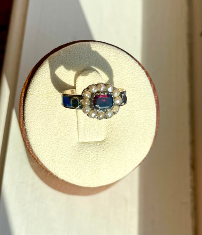 Georgian Blue Enamel & Purple Garnet Seed Pearl Ring