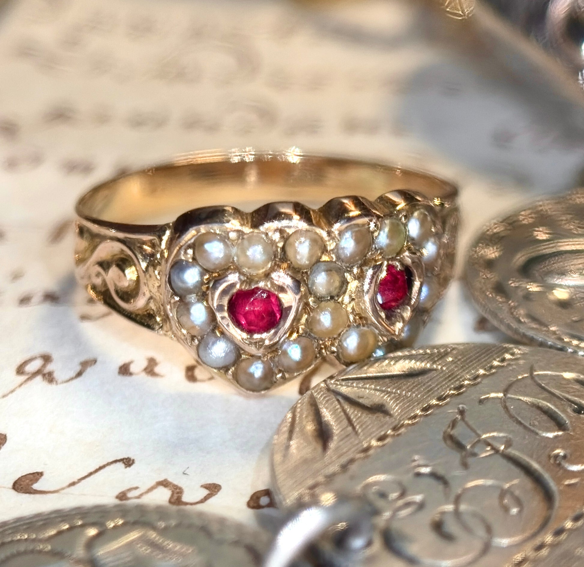 The Sweethearts ~ Victorian Garnet & Pearl Double Heart Ring
