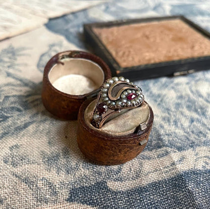 Antique Georgian Mourning Ring - Early 19th Century Gold Color Ring with Pearls, Hair, Gems, and Inscription