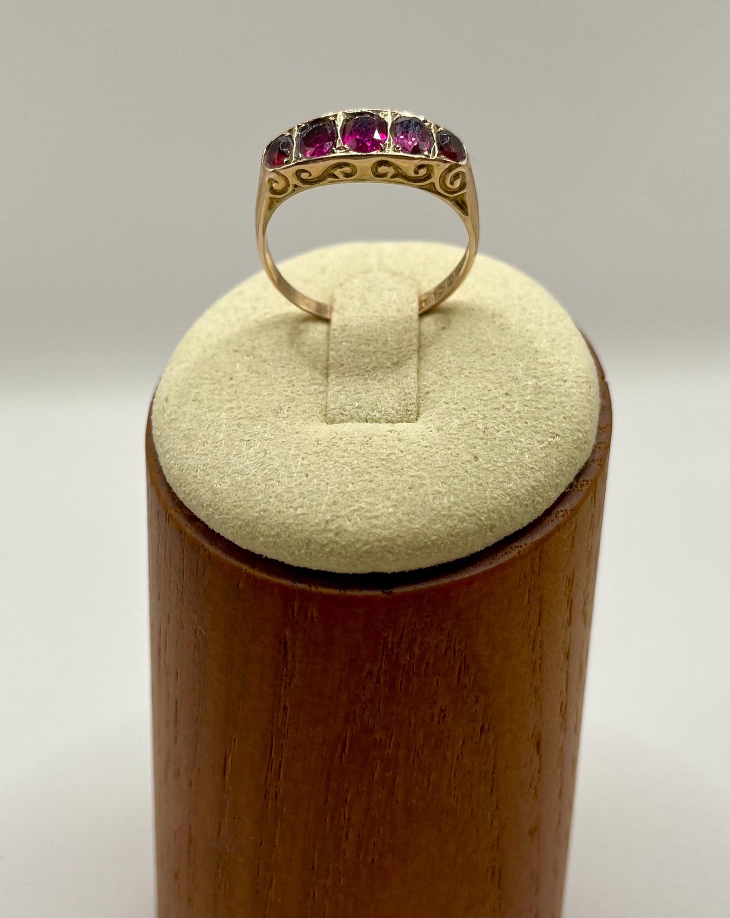 The Rose ~ Antique Edwardian Era Ruby Five Stone Half Hoop Scroll Gallery Ring, Victorian Style, 9 carat gold