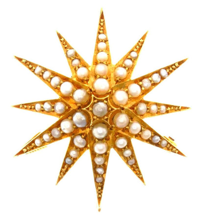 The Luna ~ Lovely Antique Victorian Split Pearl 18 ct & 15ct Yellow Gold Star Starburst Brooch/Pendant