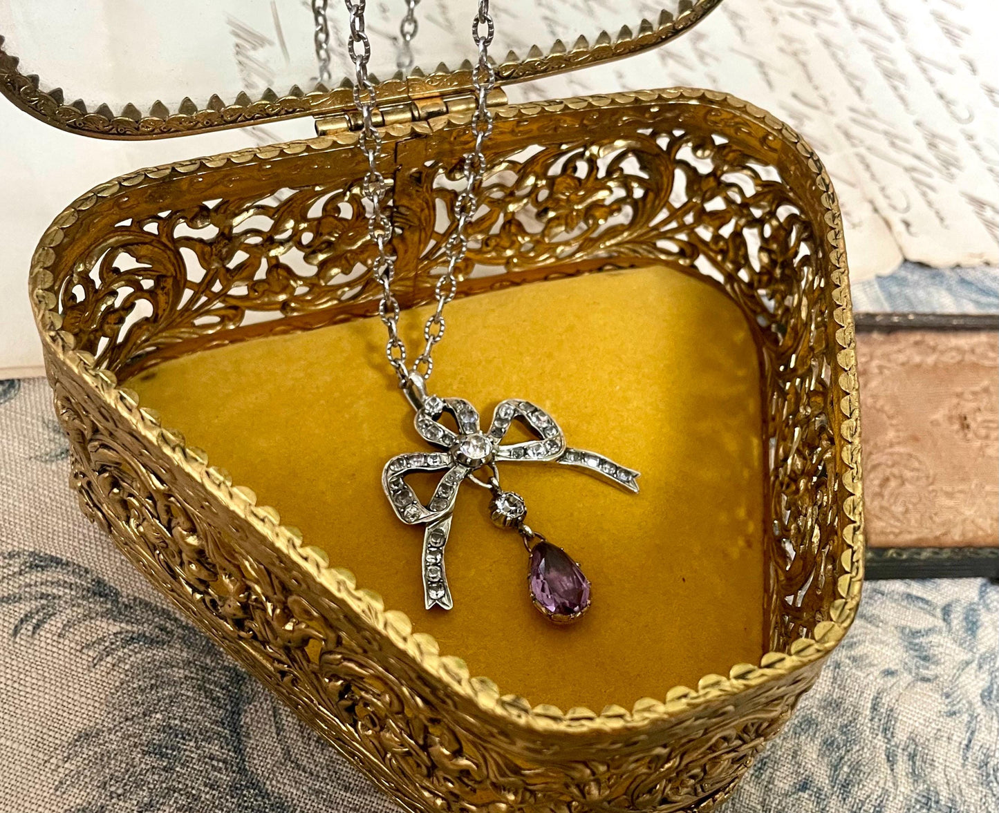 The Marie ~ Antique Georgian Silver Diamond Paste & Amethyst Paste Whimsical Sweet Bow Necklace with Chain