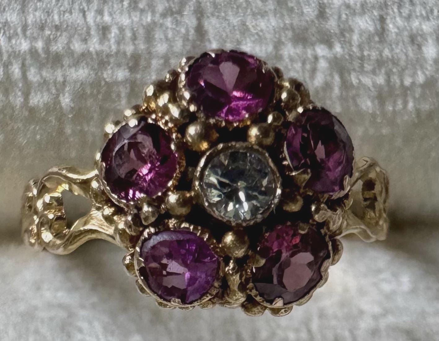 The Flora ~ Antique Victorian Ruby & Diamond Round Cut Cluster 18ct Yellow Gold Vintage Ring