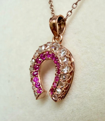 Victorian Rose Cut Diamond & Ruby Horseshoe Lucky Charm/Pendant