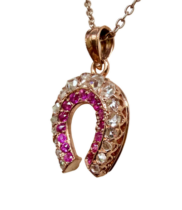 Victorian Rose Cut Diamond & Ruby Horseshoe Lucky Charm/Pendant