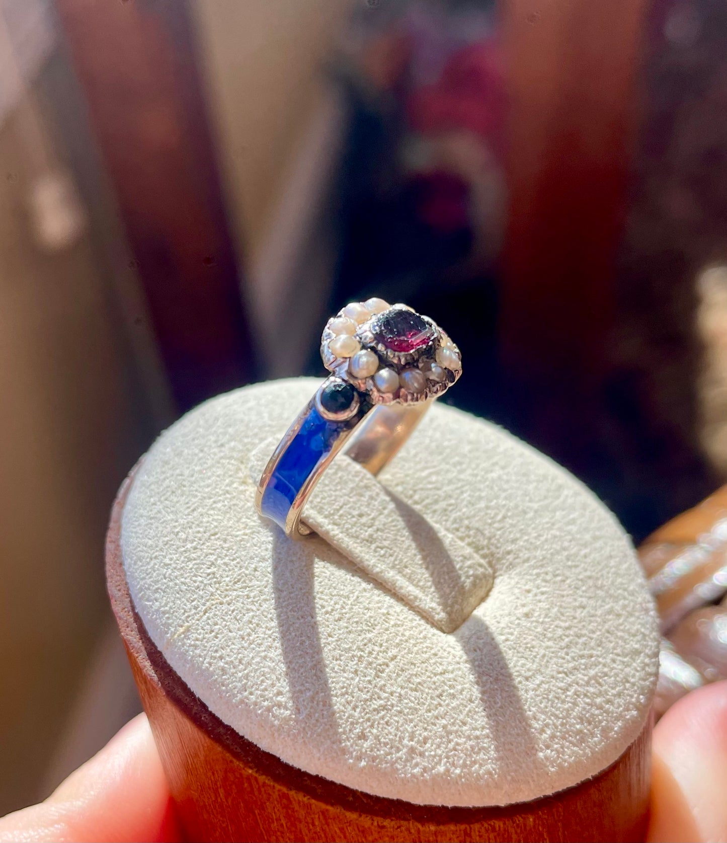 Georgian Blue Enamel & Purple Garnet Seed Pearl Ring