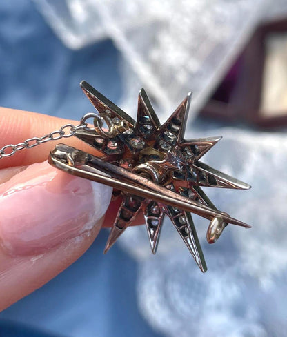The Astraea ~ Exquisite Antique Victorian Diamond Starburst Gold Brooch/Pendant