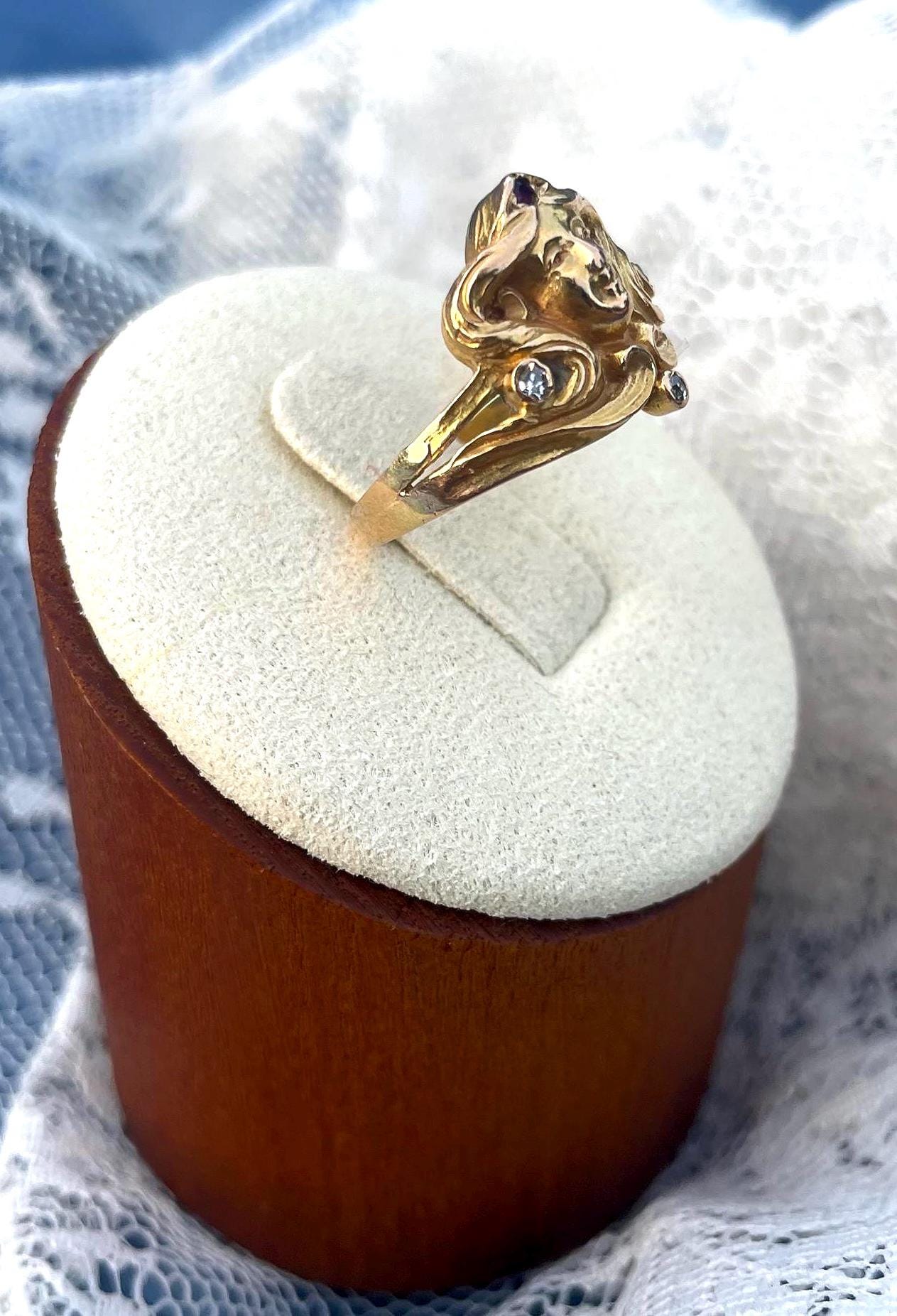 The Goddess ~ Art Noveau Antique Ruby & Diamond Woman’s Head Ring 10k Yellow Gold