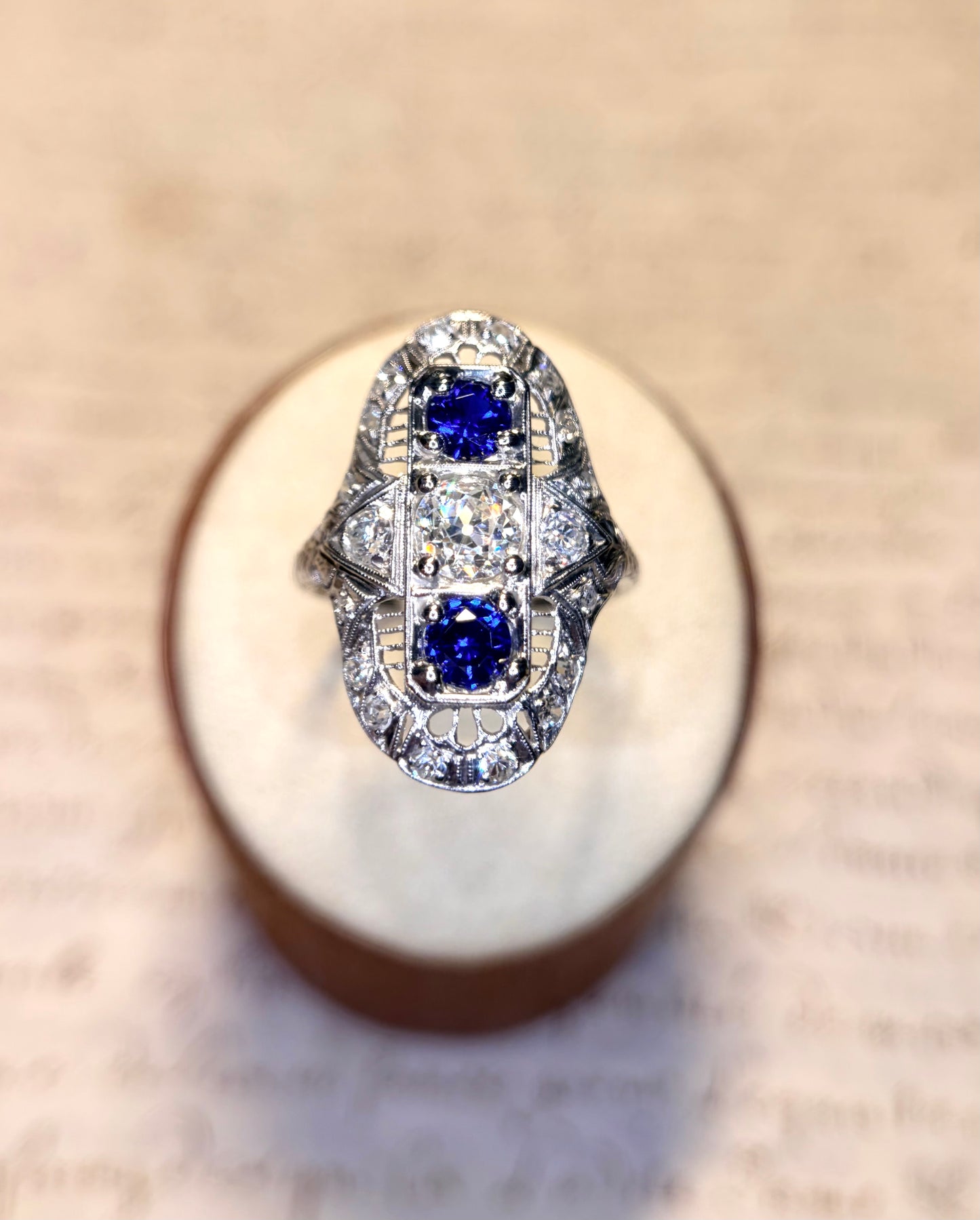 The Zelda ~ Art Deco Platinum Old Cut Diamond & Sapphire Shield Ring
