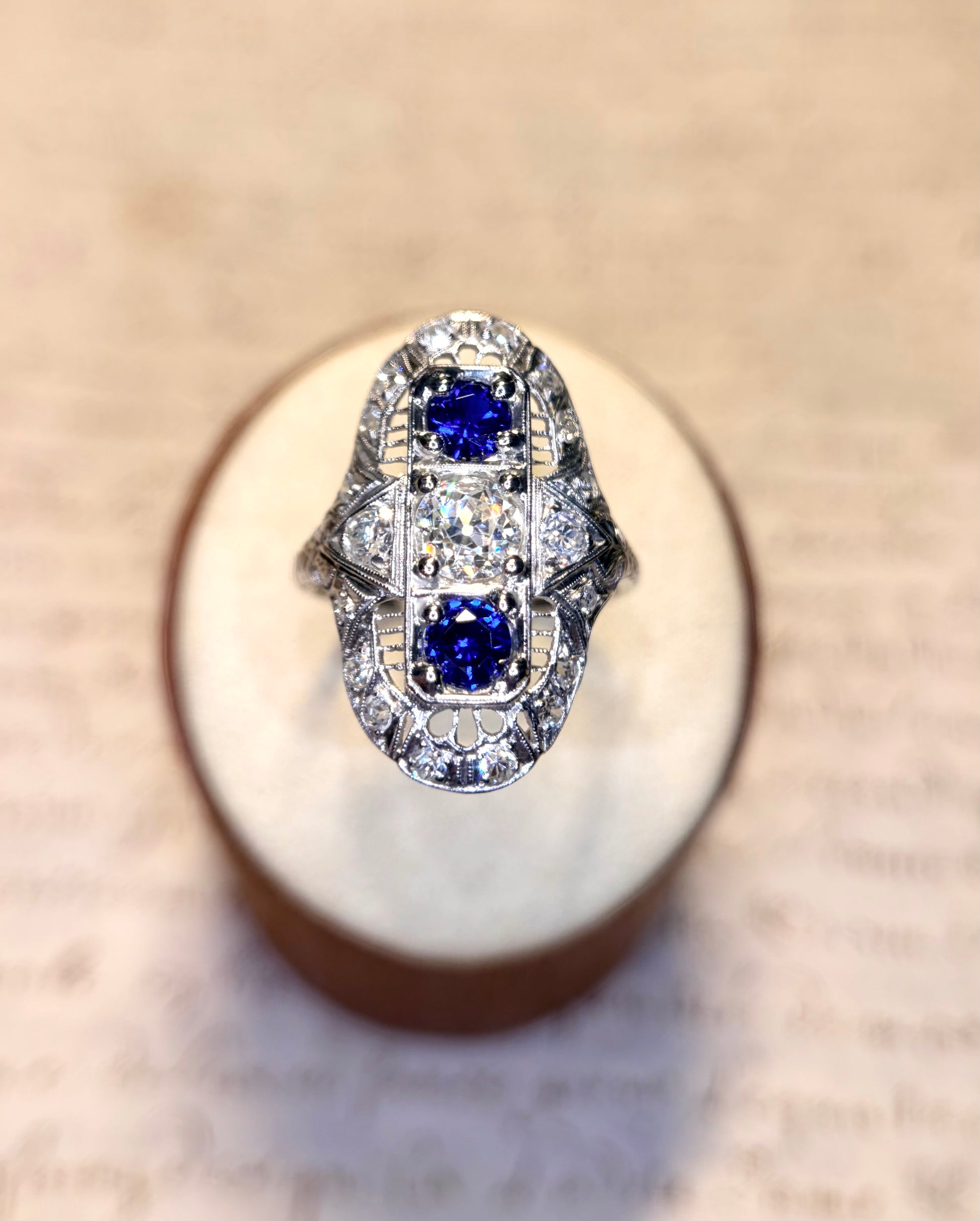 The Zelda ~ Art Deco Platinum Old Cut Diamond & Sapphire Shield Ring