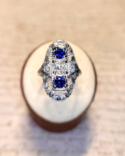 The Zelda ~ Art Deco Platinum Old Cut Diamond & Sapphire Shield Ring