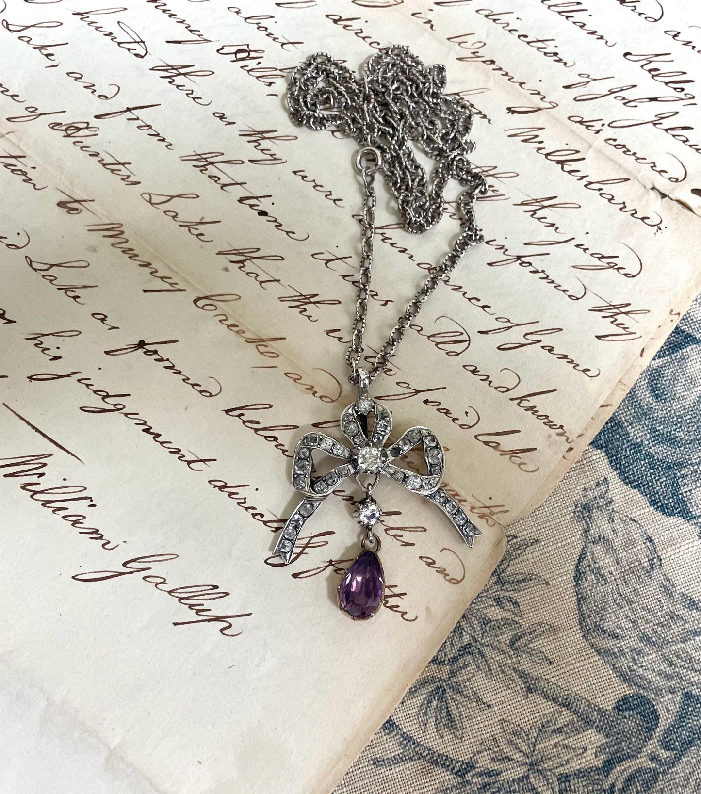 The Marie ~ Antique Georgian Silver Diamond Paste & Amethyst Paste Whimsical Sweet Bow Necklace with Chain