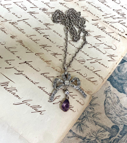 The Marie ~ Antique Georgian Silver Diamond Paste & Amethyst Paste Whimsical Sweet Bow Necklace with Chain