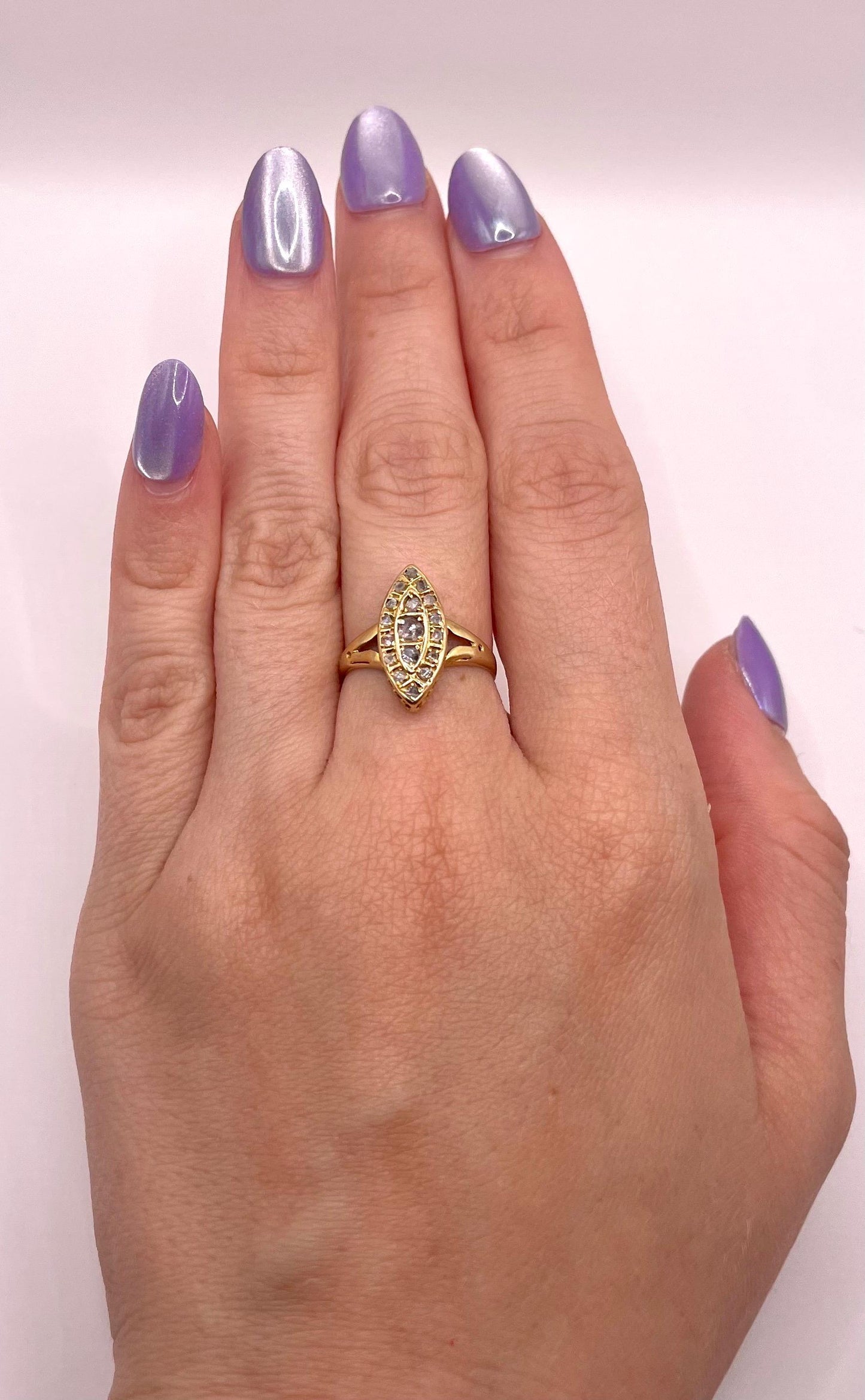 The Grey Lady ~ Antique Victorian Rose Cut Diamond & Gold Navette Dress Ring