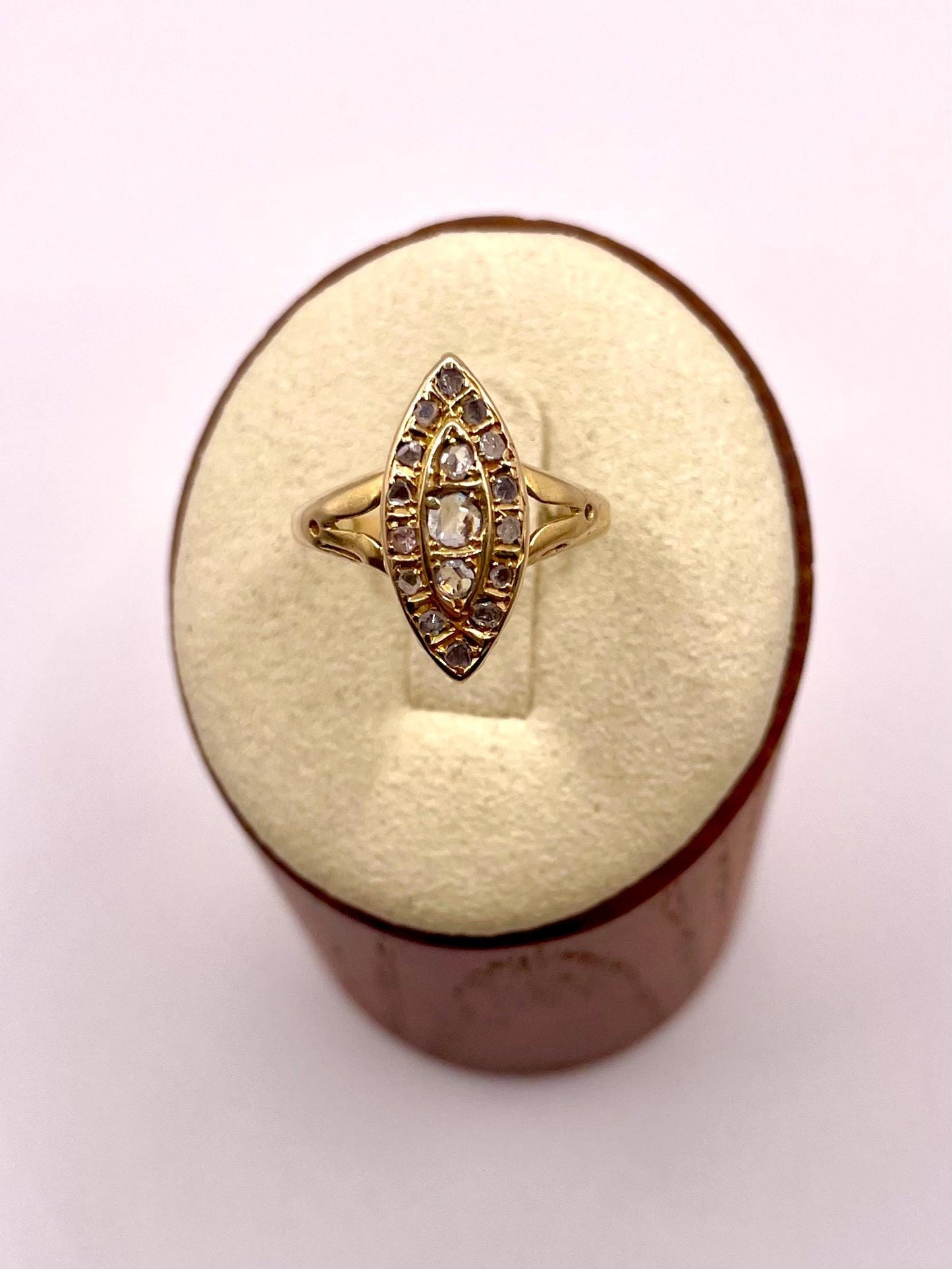 The Grey Lady ~ Antique Victorian Rose Cut Diamond & Gold Navette Dress Ring