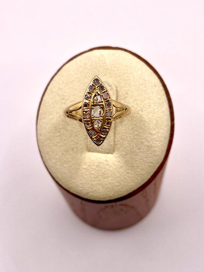 The Grey Lady ~ Antique Victorian Rose Cut Diamond & Gold Navette Dress Ring