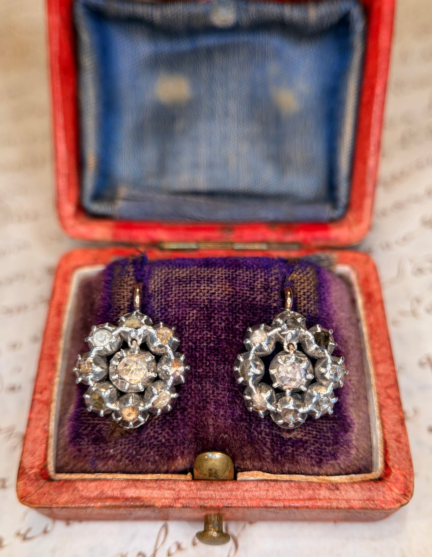 Georgian Rose Cut Diamond Dormeuse Cluster Earrings