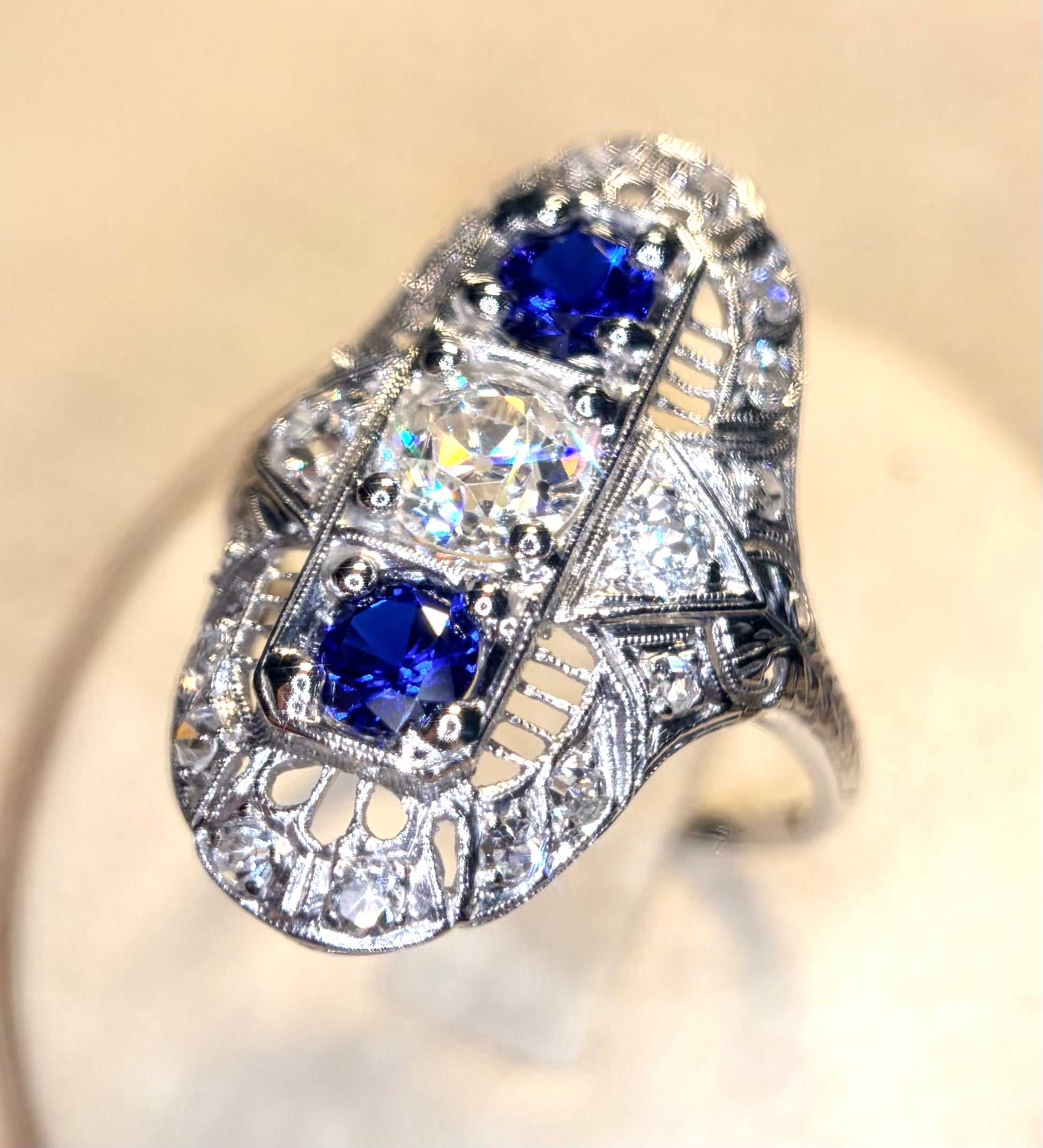 The Zelda ~ Art Deco Platinum Old Cut Diamond & Sapphire Shield Ring
