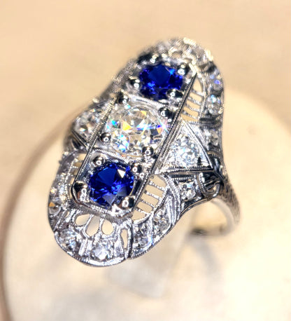 The Zelda ~ Art Deco Platinum Old Cut Diamond & Sapphire Shield Ring