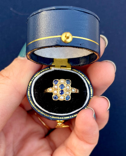 Edwardian 18k Gold Sapphire & Pearl Checkerboard Ring