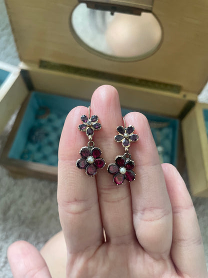 Georgian Garnet Pansy & Pearl Earrings