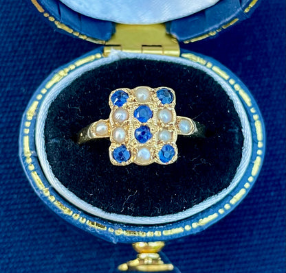 Edwardian 18k Gold Sapphire & Pearl Checkerboard Ring