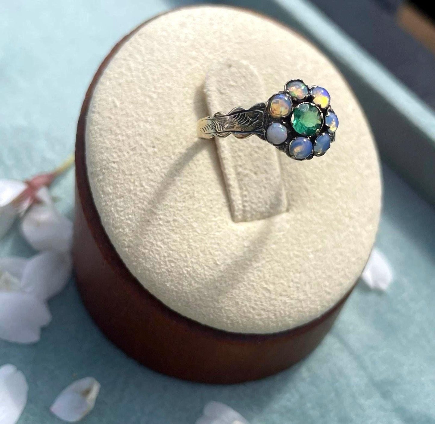 The Victoria ~ Antique Victorian 9 Carat Gold Emerald & Opal Cluster Ring Vintage