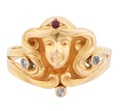 The Goddess ~ Art Noveau Antique Ruby & Diamond Woman’s Head Ring 10k Yellow Gold