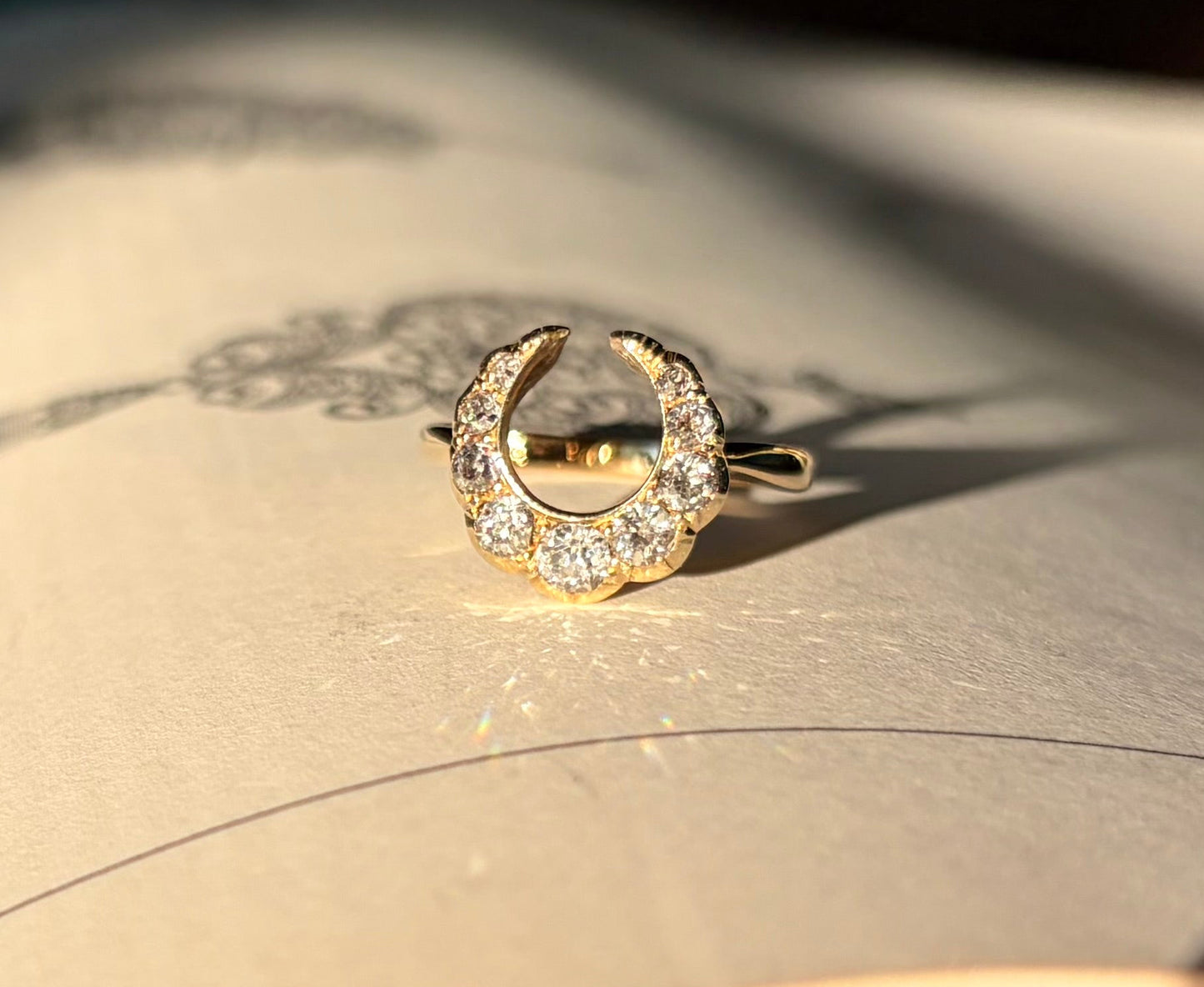 Old Mine Cut Diamond Crescent Moon Ring