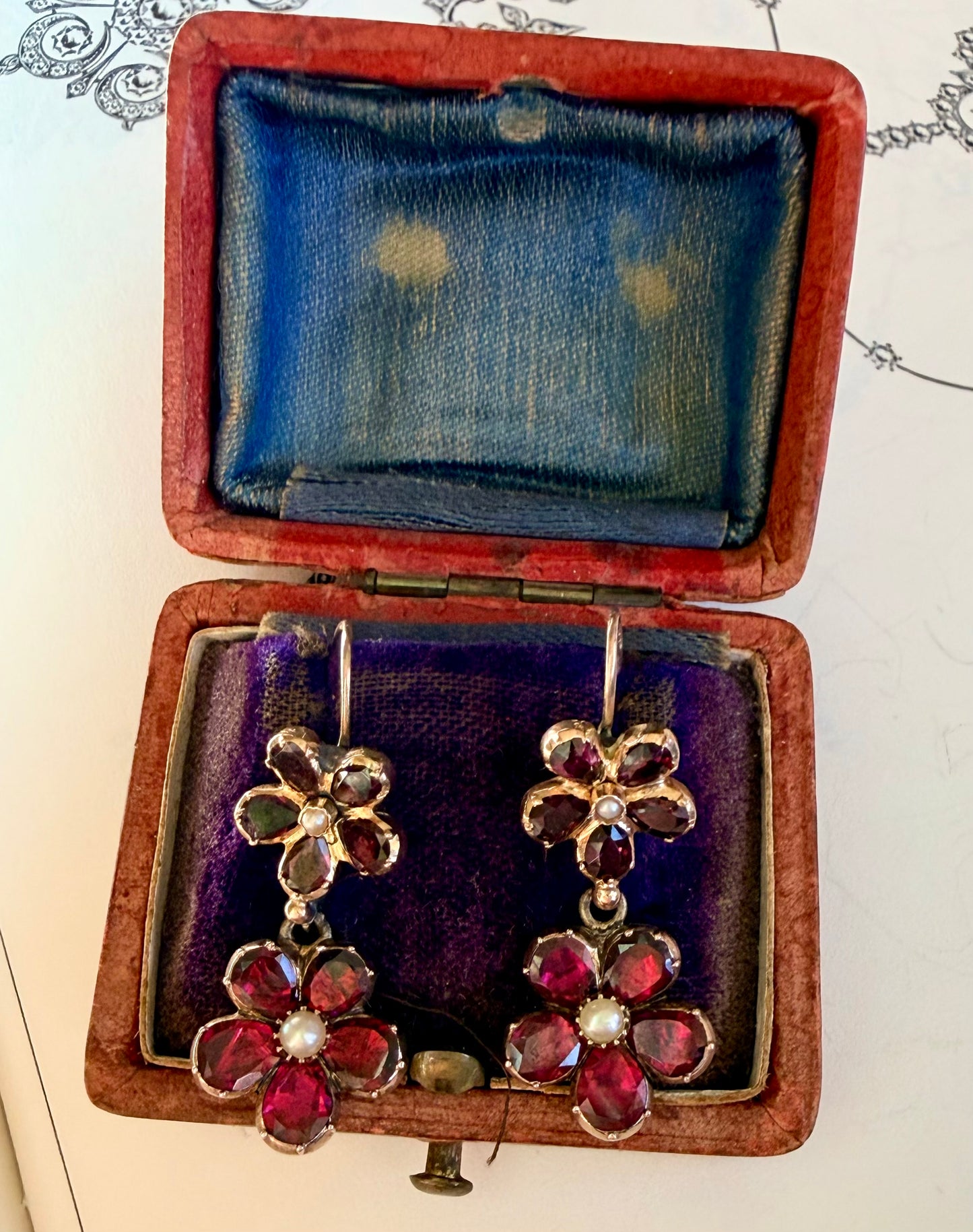 Georgian Garnet Pansy & Pearl Earrings