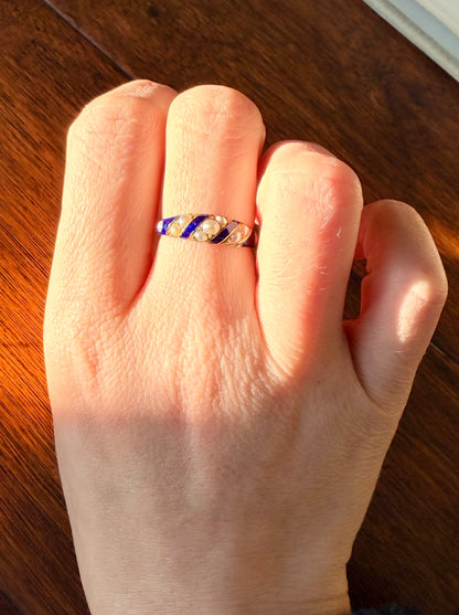 Victorian Blue Enamel & Seed Pearl Ring