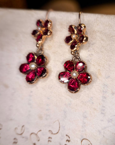 Georgian Garnet Pansy & Pearl Earrings
