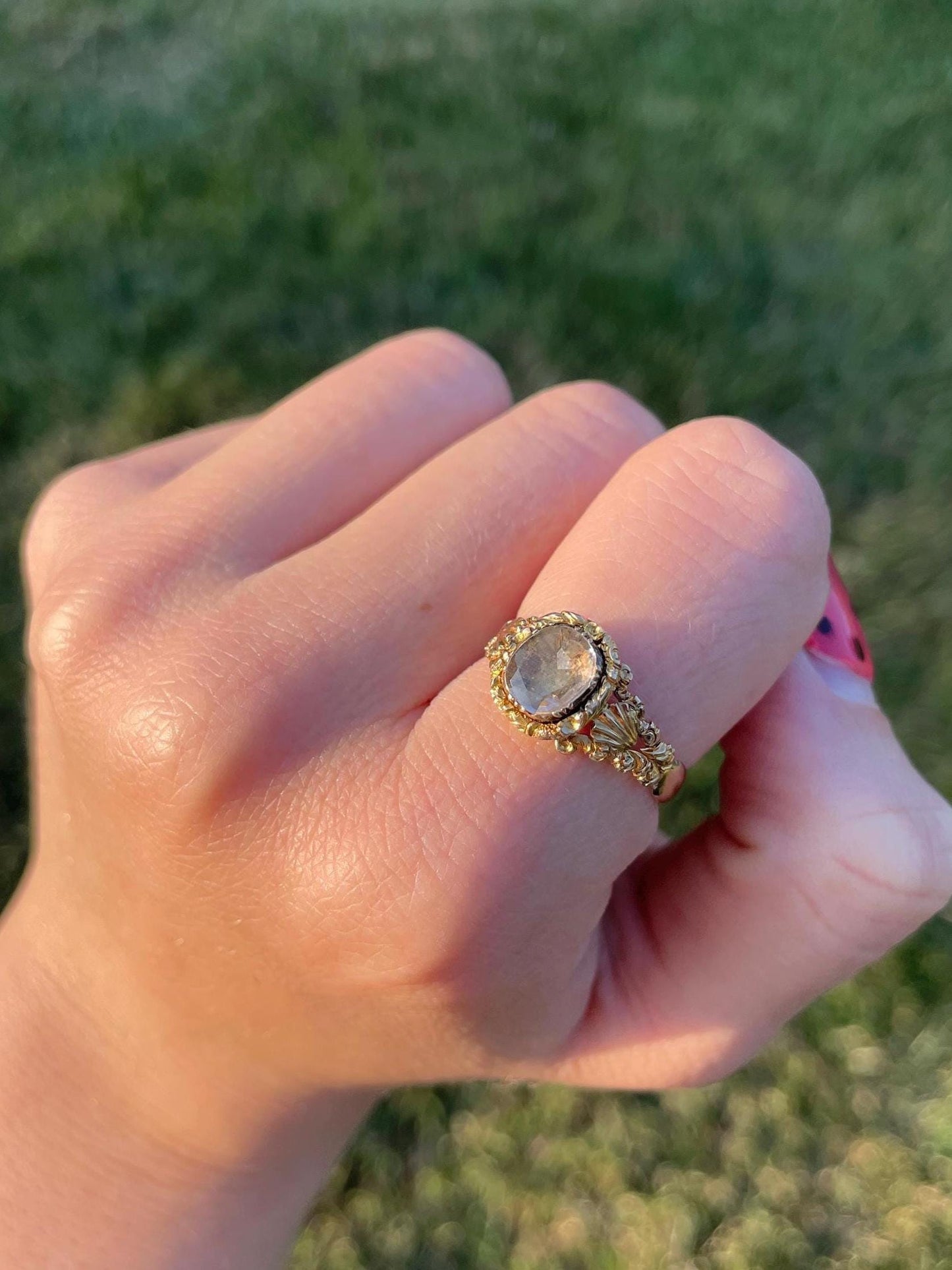 The Georgiana ~ Stunning Georgian Rock Crystal Ring - Extraordinary Antique 18th Century 14k Gold Ornate Ring sz 9
