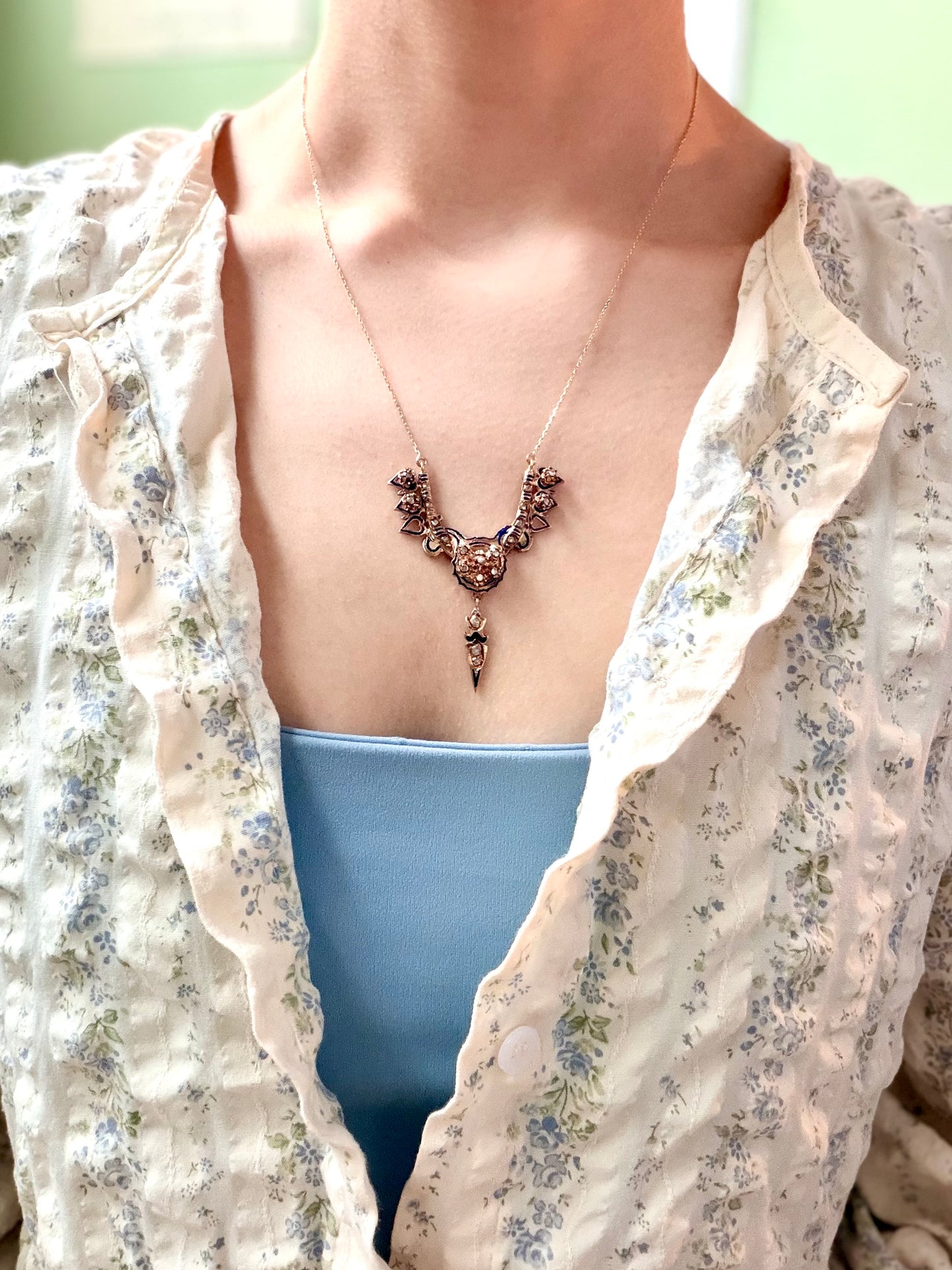 Victorian Rose Gold & Enamel Rose Cut Diamond Necklace