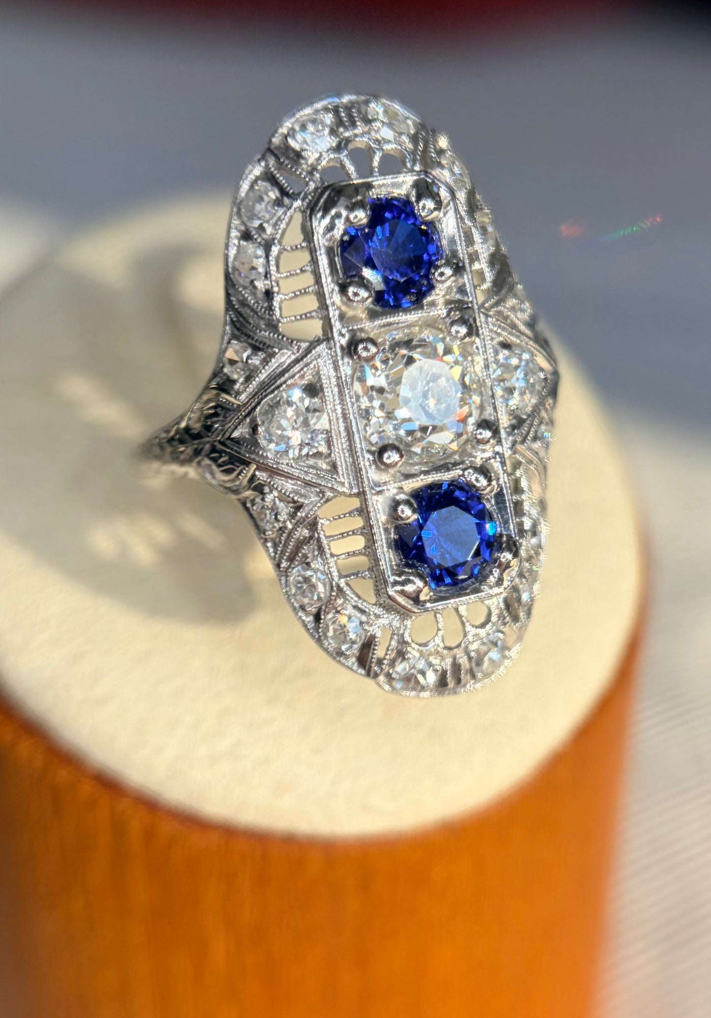 The Zelda ~ Art Deco Platinum Old Cut Diamond & Sapphire Shield Ring