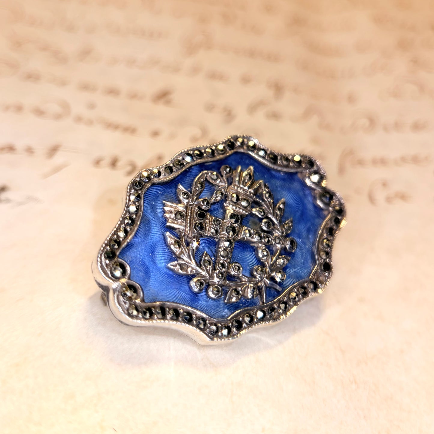 The Something Borrowed & Blue ~ Enamel Engraved Marcasite Brooch