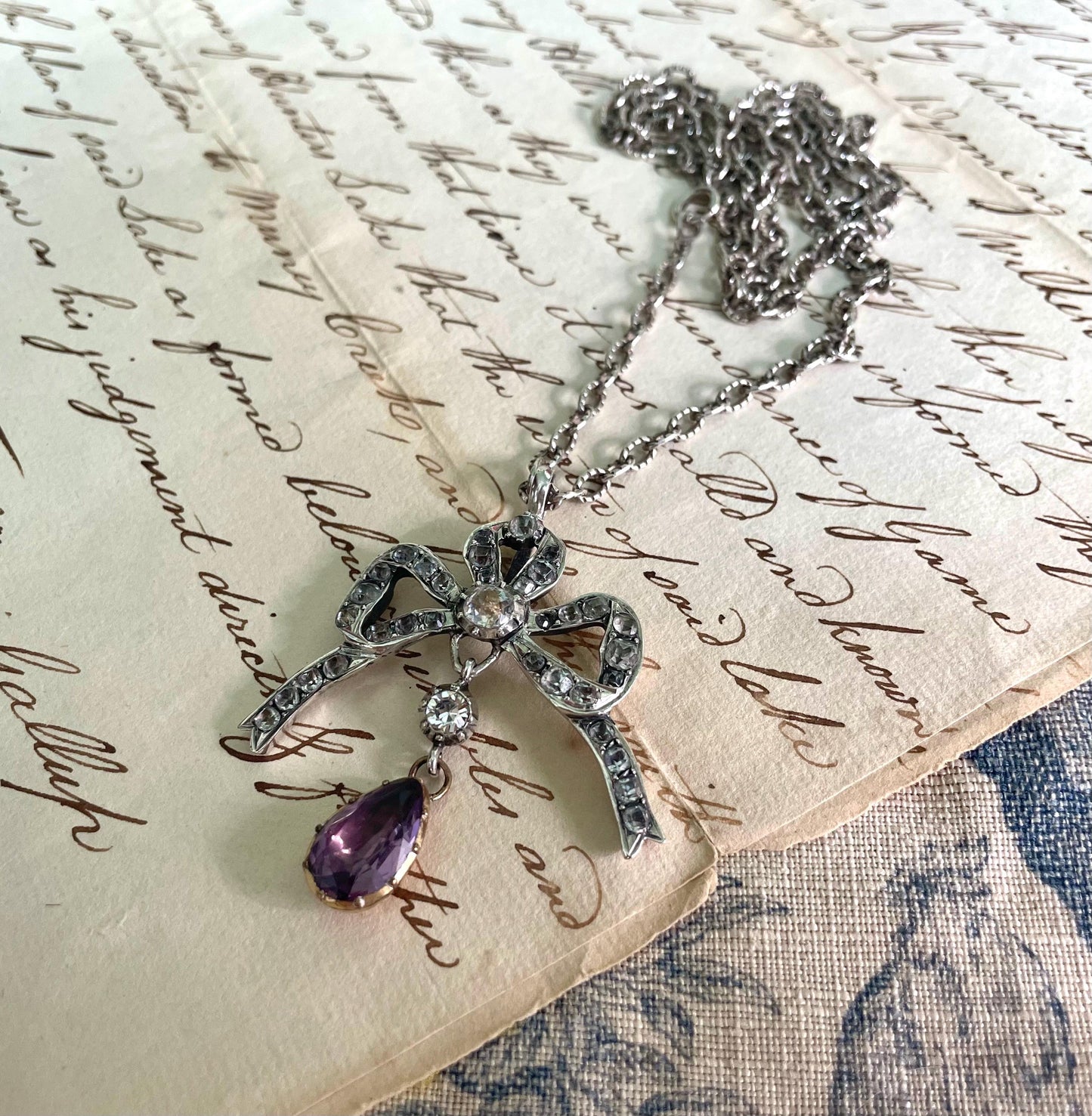 The Marie ~ Antique Georgian Silver Diamond Paste & Amethyst Paste Whimsical Sweet Bow Necklace with Chain