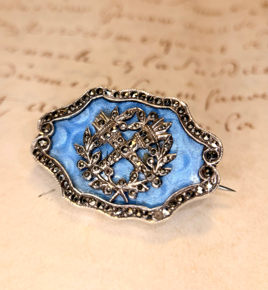 The Something Borrowed & Blue ~ Enamel Engraved Marcasite Brooch