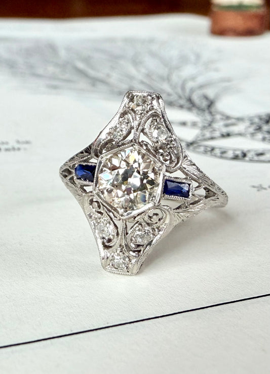 Art Deco Old Cut Diamond & Sapphire Ring