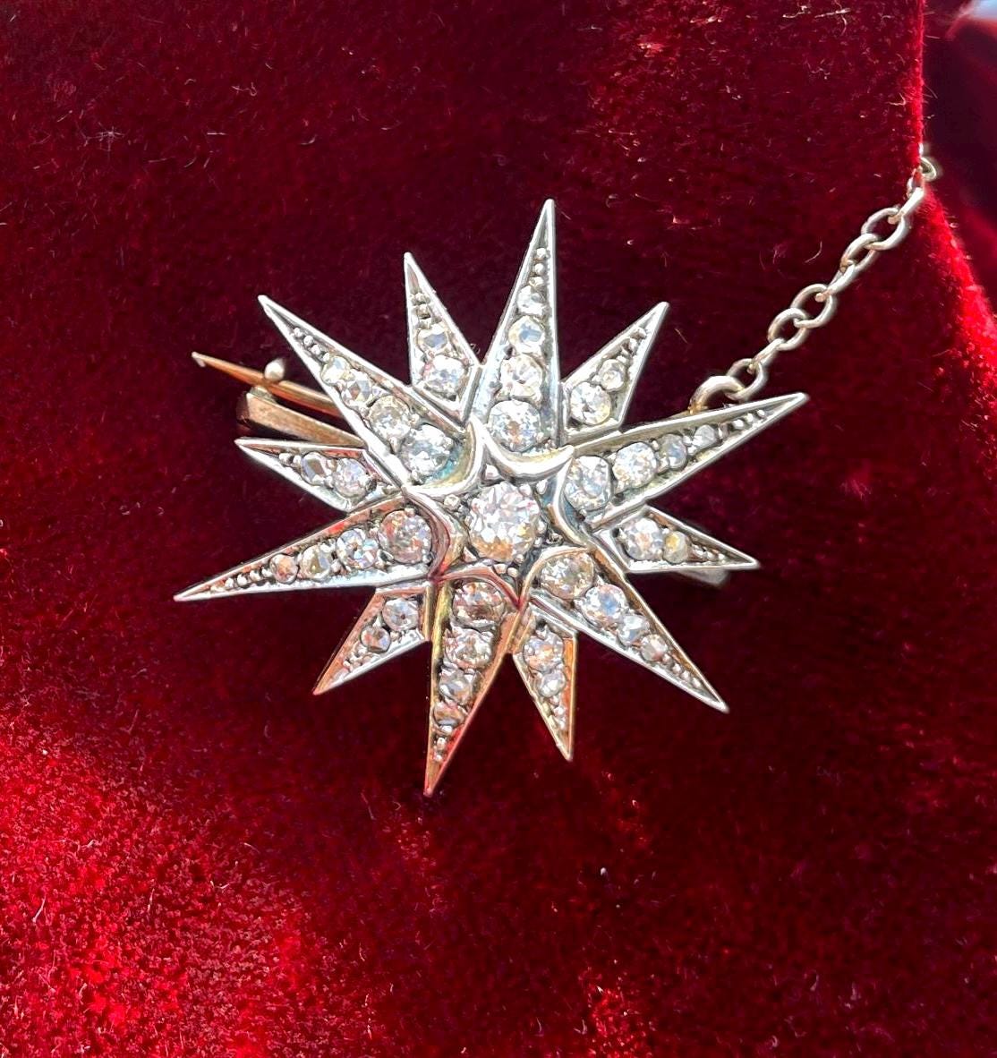 The Astraea ~ Exquisite Antique Victorian Diamond Starburst Gold Brooch/Pendant