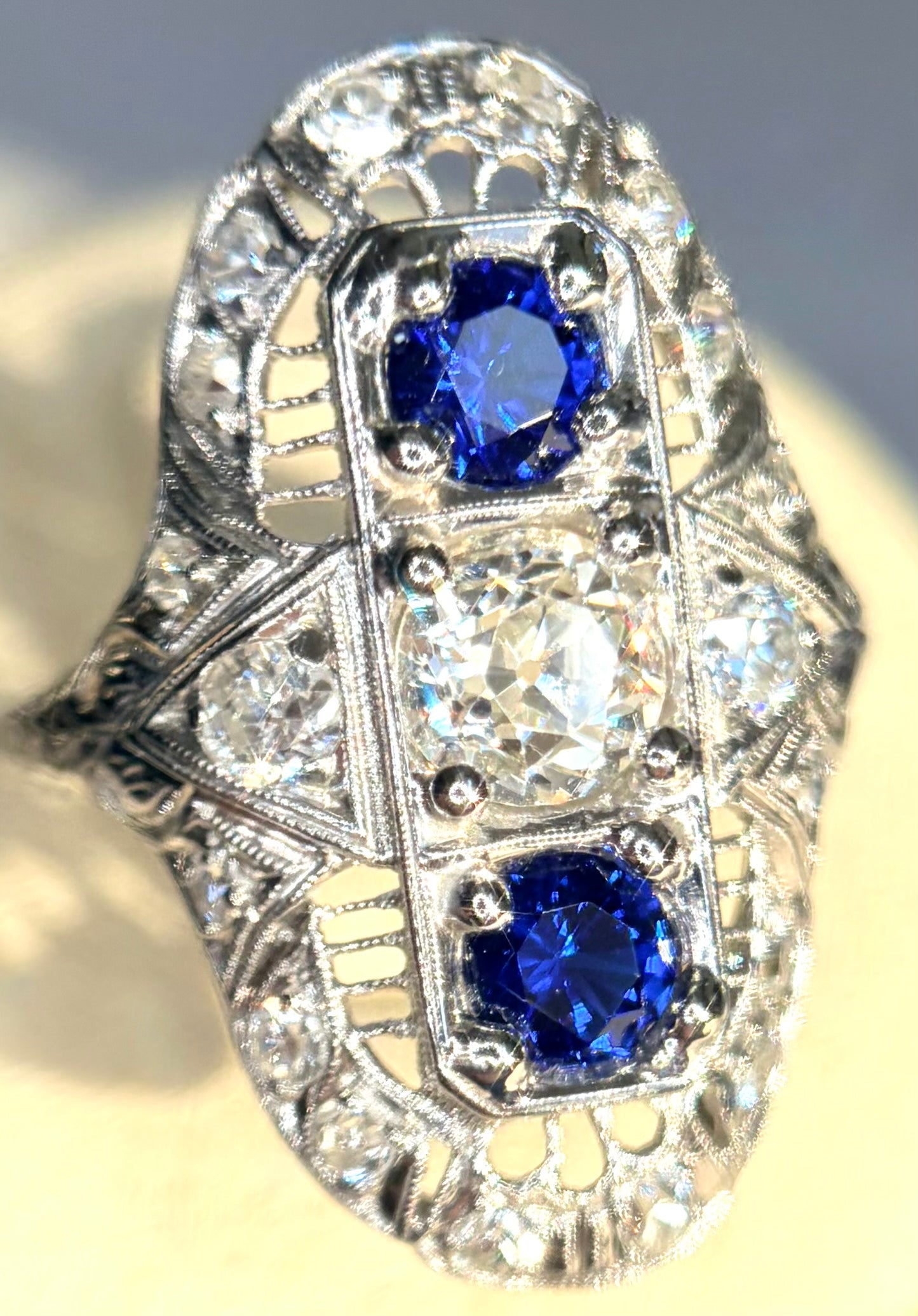 The Zelda ~ Art Deco Platinum Old Cut Diamond & Sapphire Shield Ring