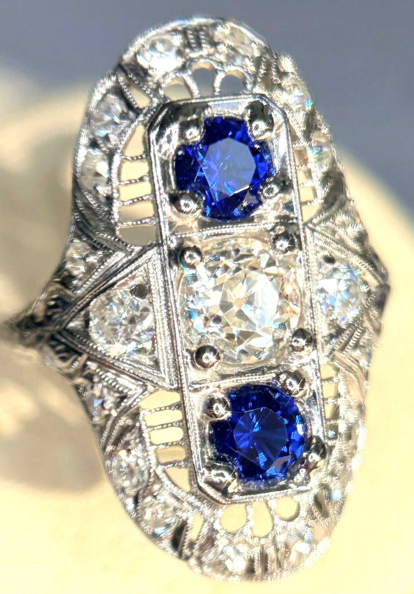 The Zelda ~ Art Deco Platinum Old Cut Diamond & Sapphire Shield Ring