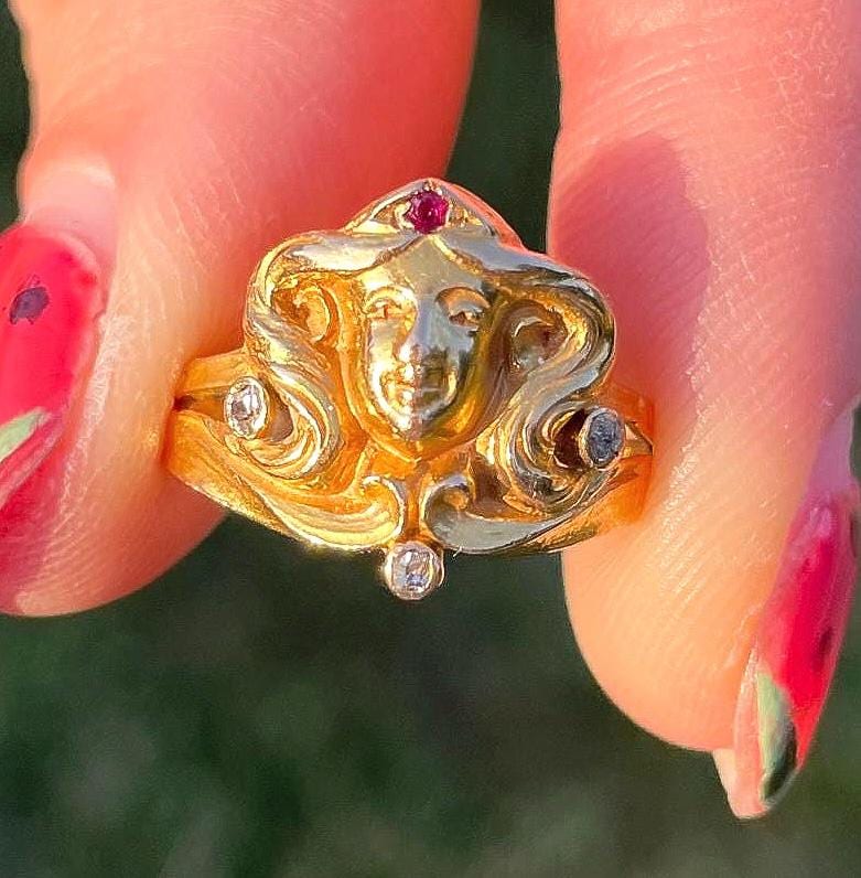 The Goddess ~ Art Noveau Antique Ruby & Diamond Woman’s Head Ring 10k Yellow Gold