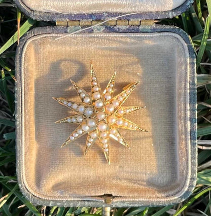 The Luna ~ Lovely Antique Victorian Split Pearl 18 ct & 15ct Yellow Gold Star Starburst Brooch/Pendant