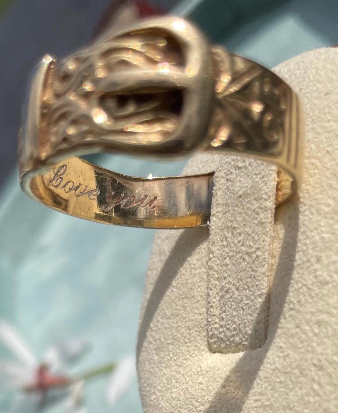 The Marjorie ~ Antique Early-Mid 20th Century 9 Carat Gold Inscribed/Engraved Romantic Buckle Ring