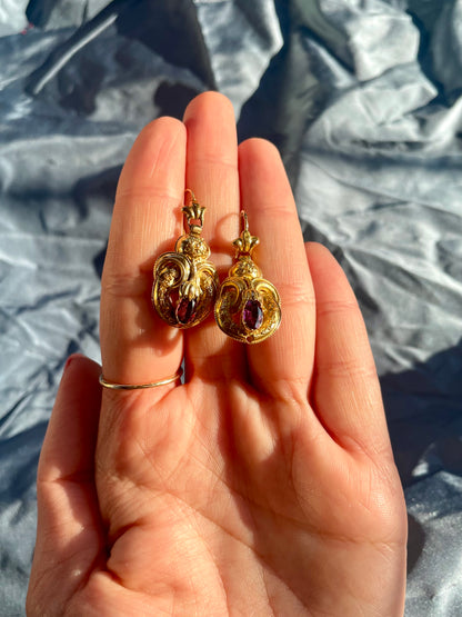 Victorian Etruscan Revival Rhodolite Garnet 18k Gold Earrings