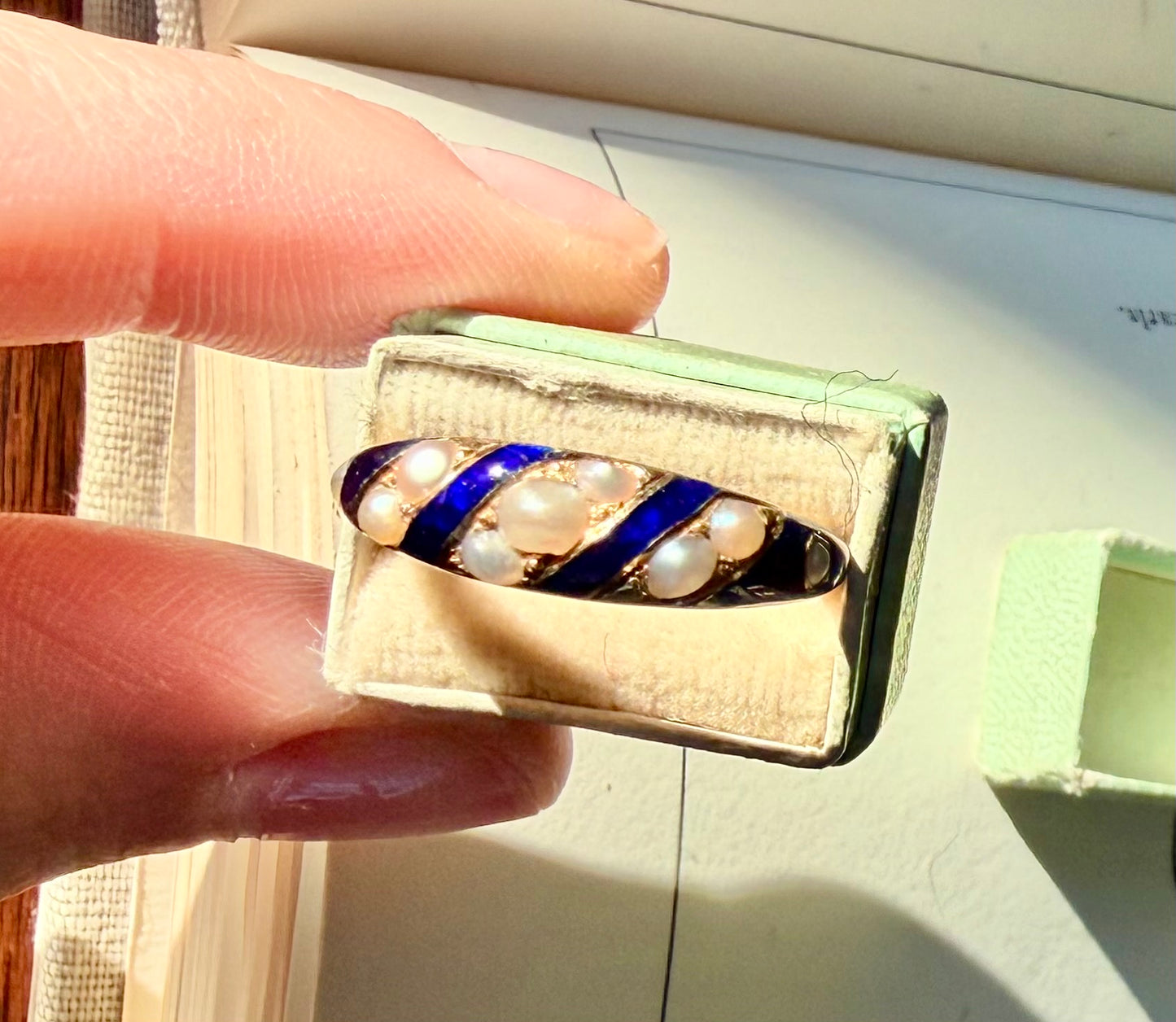 Victorian Blue Enamel & Seed Pearl Ring