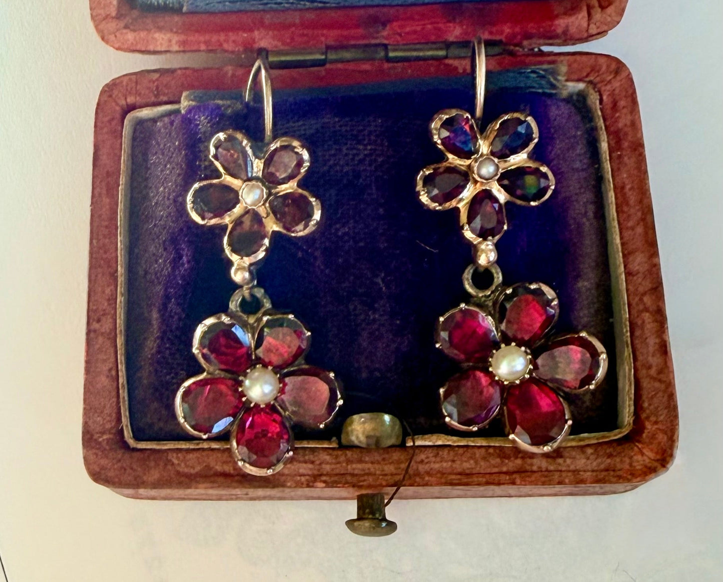 Georgian Garnet Pansy & Pearl Earrings